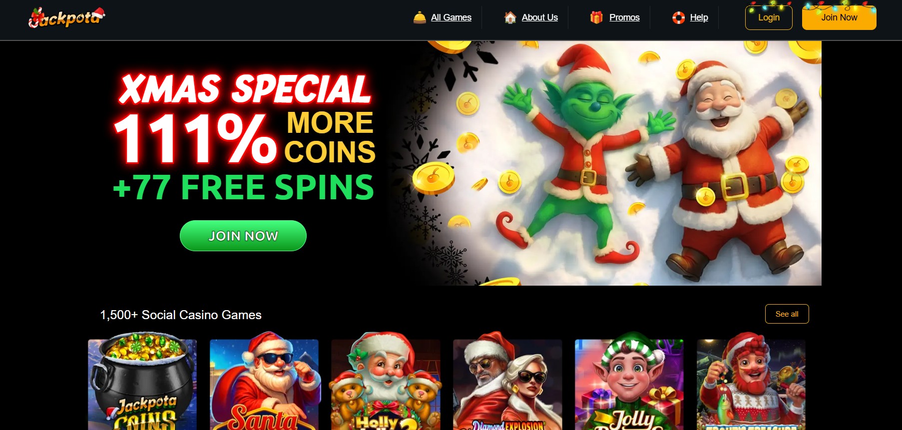 Jackpota Casino lobby interface with modern slot games and promotions